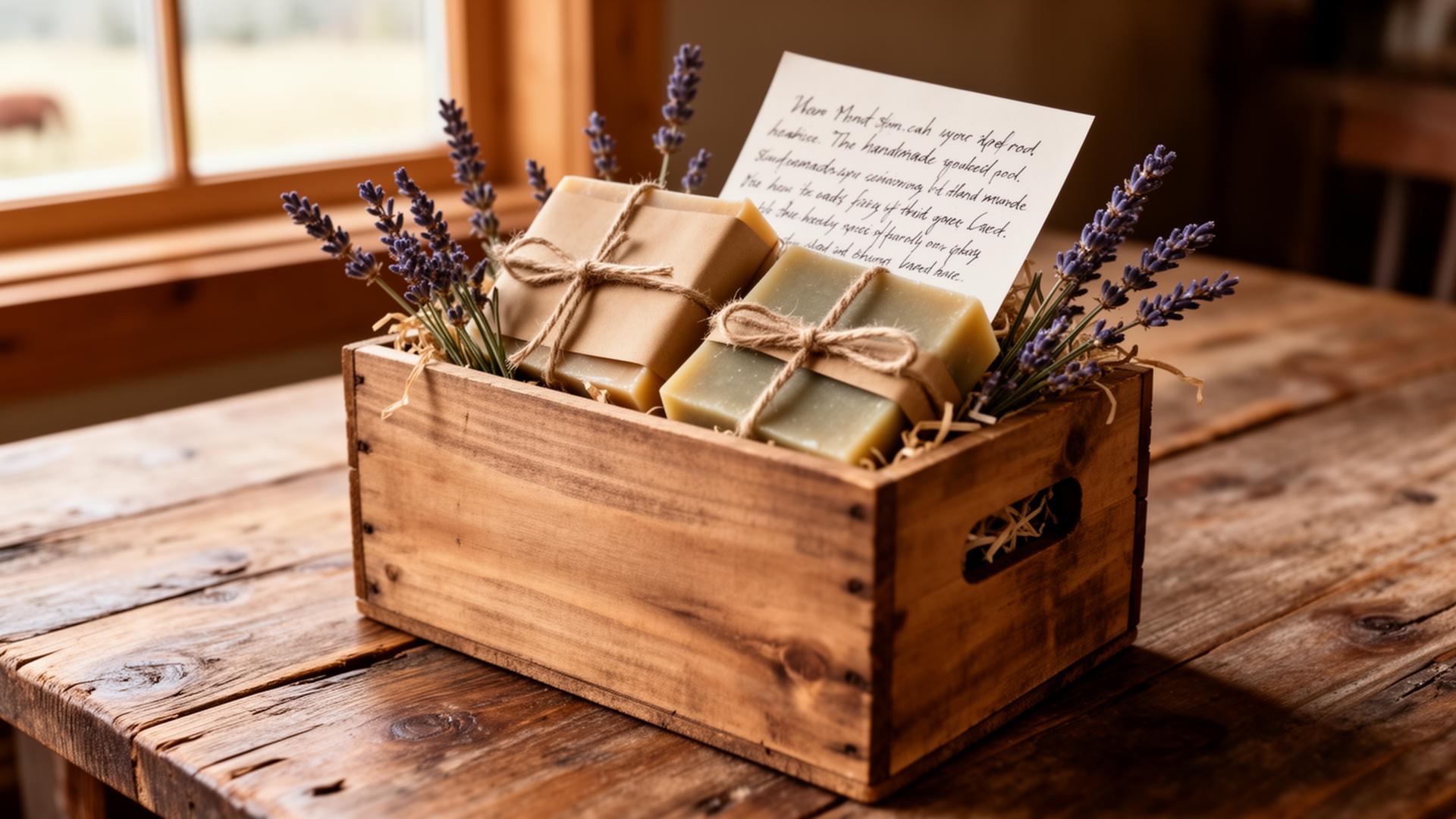 A wooden A2B Ranch crate filled with handmade soap bars wrapped in kraft paper, dried lavender and a handwritten note