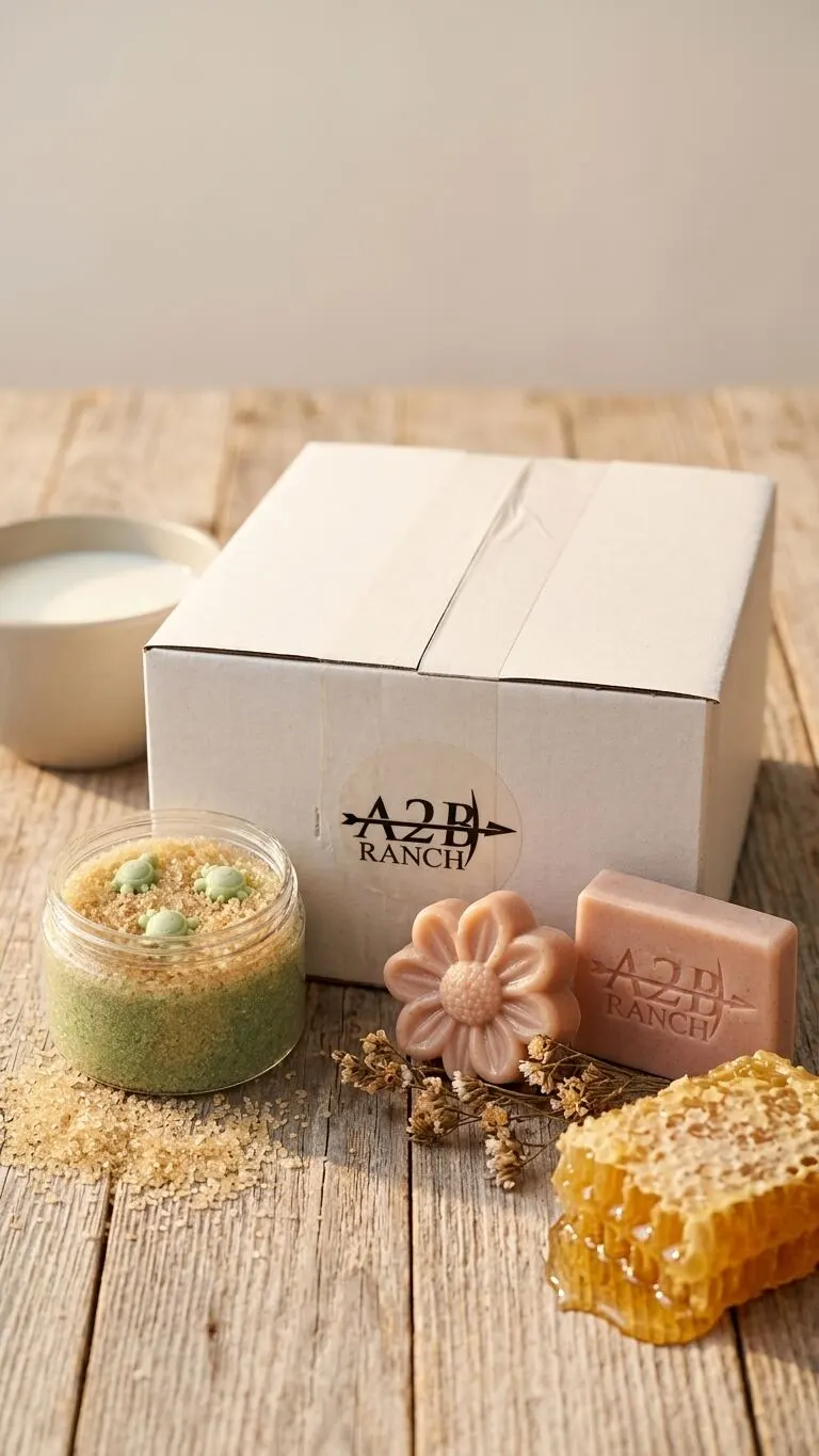 A wooden A2B Ranch crate filled with handmade soap bars wrapped in kraft paper, dried lavender and a handwritten note