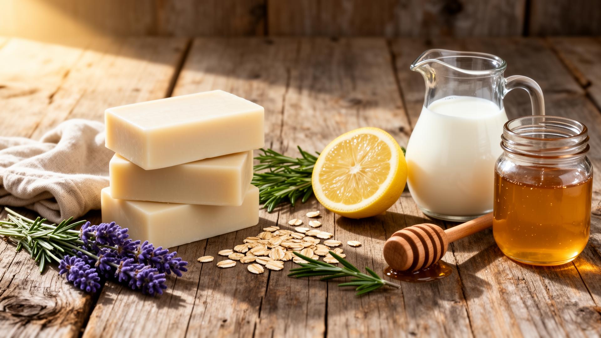 Goat milk soap bars with lavender, lemon, oats, fresh milk and honey on weathered ranch wood