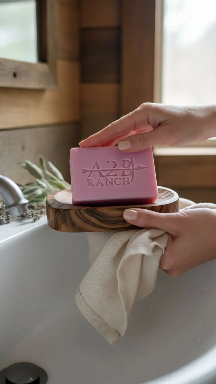 A pink A2B Ranch soap bar resting on a wooden dish over a sink
