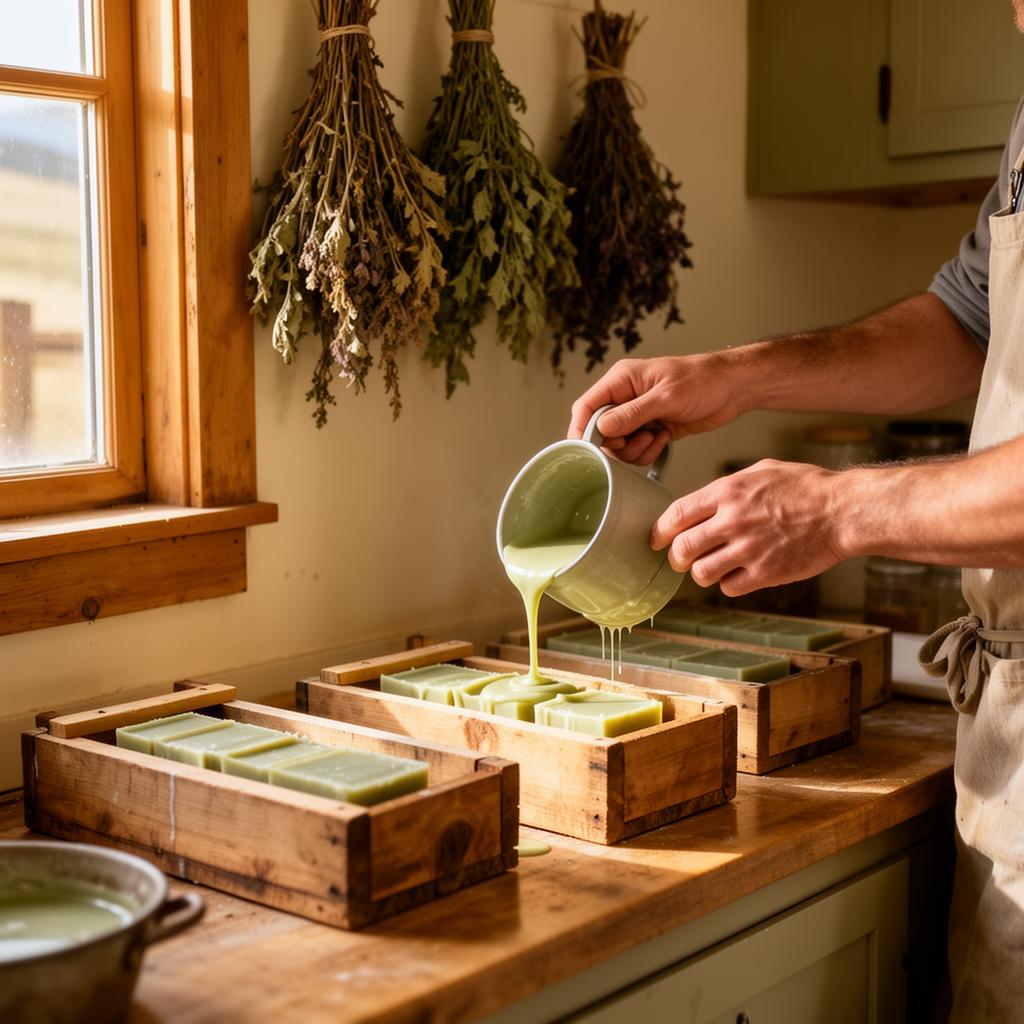 Pouring fresh soap into wooden molds in a rustic ranch kitchen